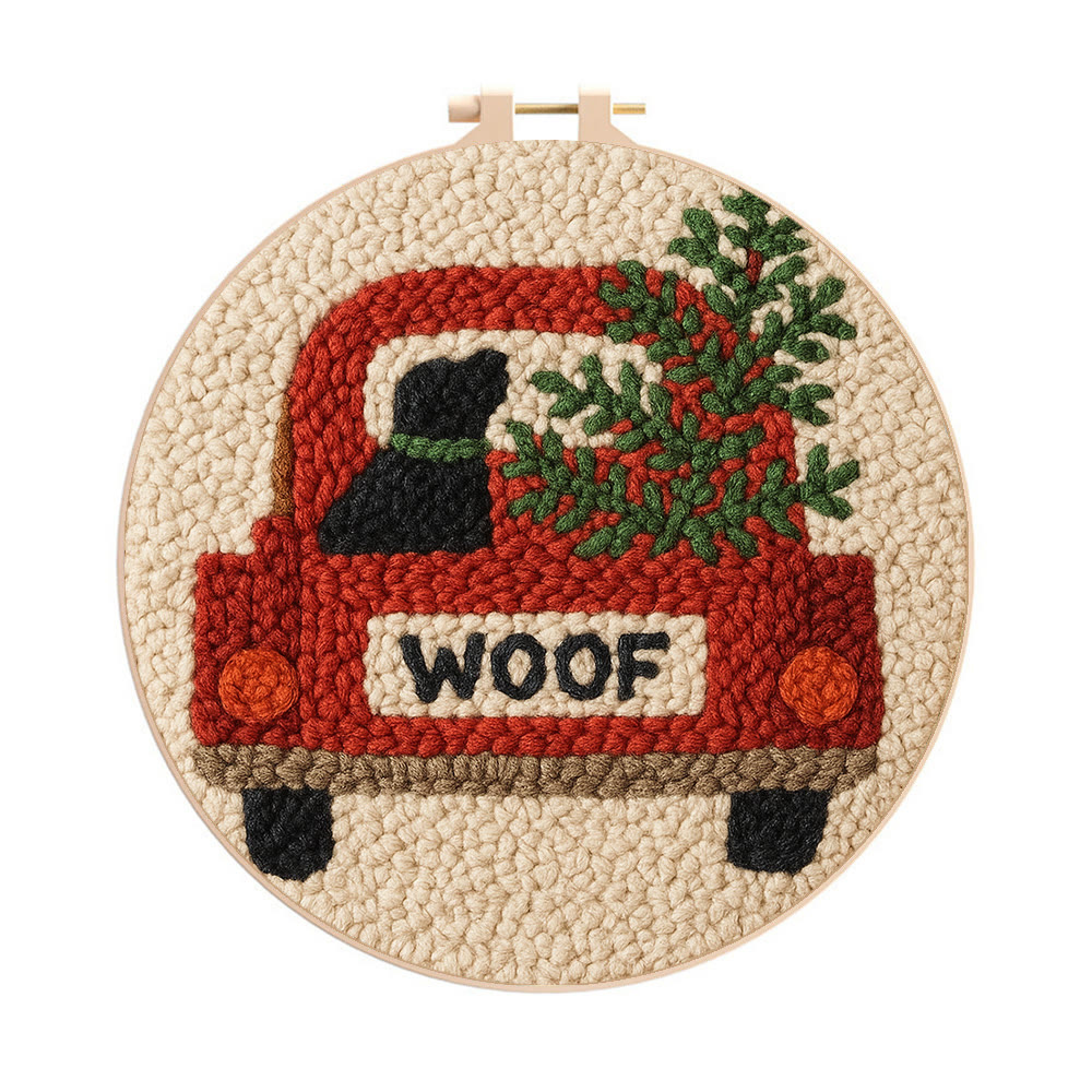  Woof Truck Punch Needle Kit - Diy Punch Needle Coaster | Craft For Handmade Enthusiast | Unique Decorative Gifts - 8 inch Hoop Kit - image 1