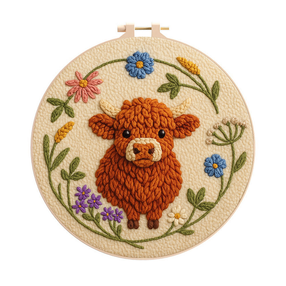 Floral Cow Punch Needle Kit - Diy Punch Needle Coaster | Adorable Animal Artcraft | Handmade Birthday Gifts  - 8 inch Hoop Kit - image 1