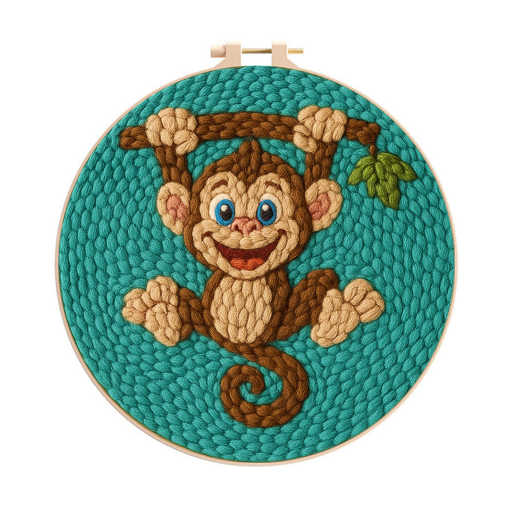 Naughty Monkey Punch Needle Kit - Diy Punch Needle Coaster | Unique Animal Needle Craft | Perfect For Home Decor - 8 inch Hoop Kit - image 1