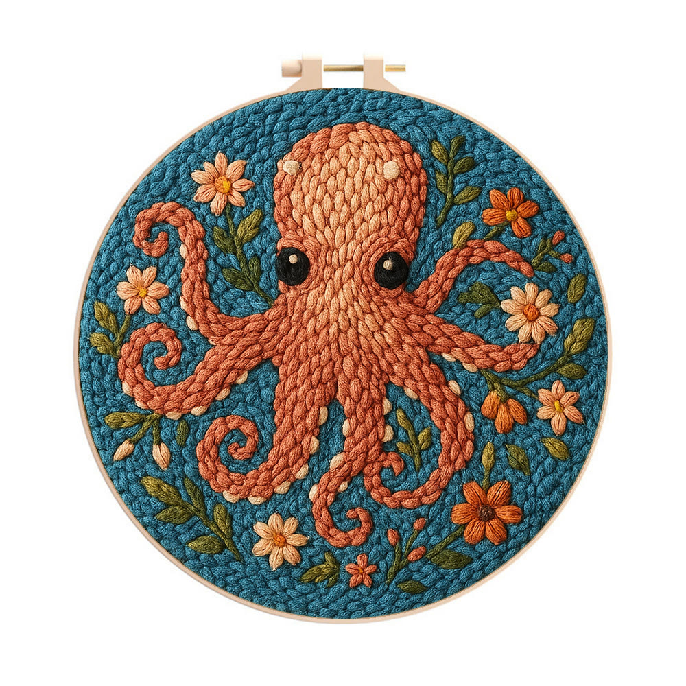 Floral Octopus Punch Needle Kit - Diy Punch Needle Coaster | Whimsical Handmade Artwork | Creative Gift For Friends - 8 inch Hoop Kit - image 1
