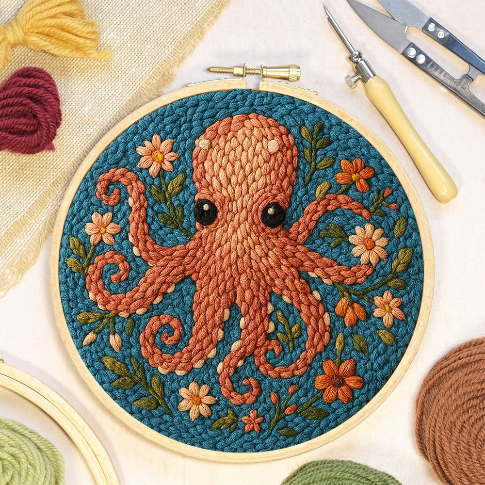 Floral Octopus Punch Needle Kit - Diy Punch Needle Coaster | Whimsical Handmade Artwork | Creative Gift For Friends - image 6