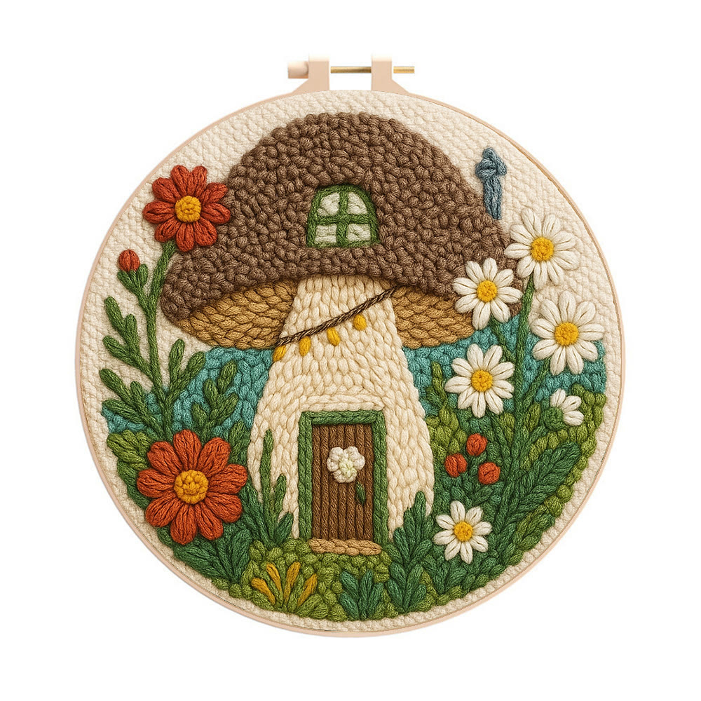 Mushroom House Punch Needle Kit - Diy Punch Needle Coaster | Handmade Floral Craft | Fantasy Needle Artwork - 8 inch Hoop Kit - image 1