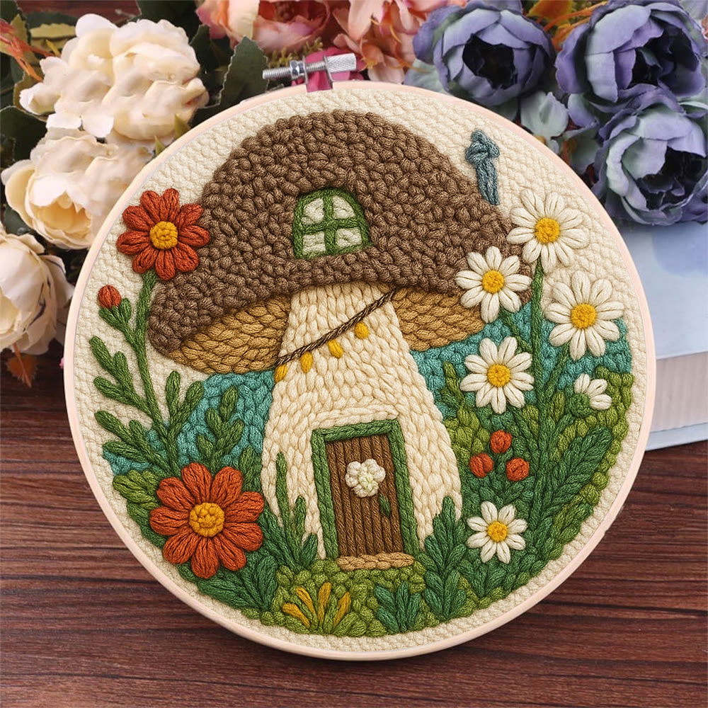 Mushroom House Punch Needle Kit - Diy Punch Needle Coaster | Handmade Floral Craft | Fantasy Needle Artwork - image 2