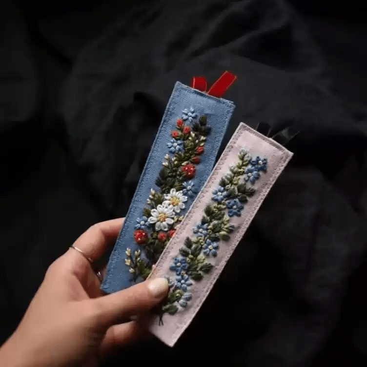 Embroidery Floral Bookmark Kit | Perfect Gifts For Book Lovers | Diy Handmade Artwork - Blue - image 1