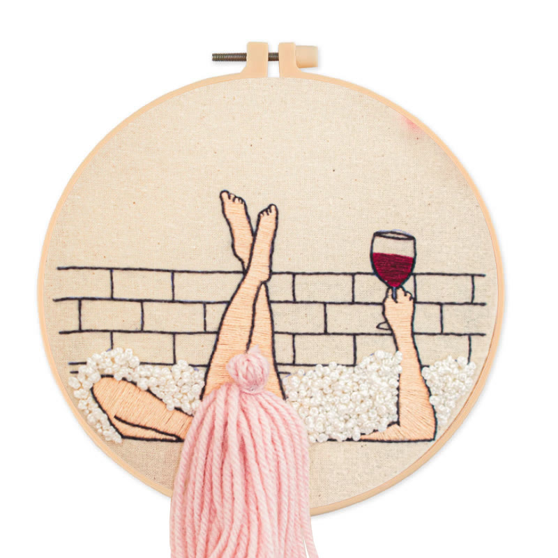 Rubbyoo Embroidery Kit - Wine And Bath | 3d Hair Handicraft | Creative Needle Artwork - 20*20cm - image 1