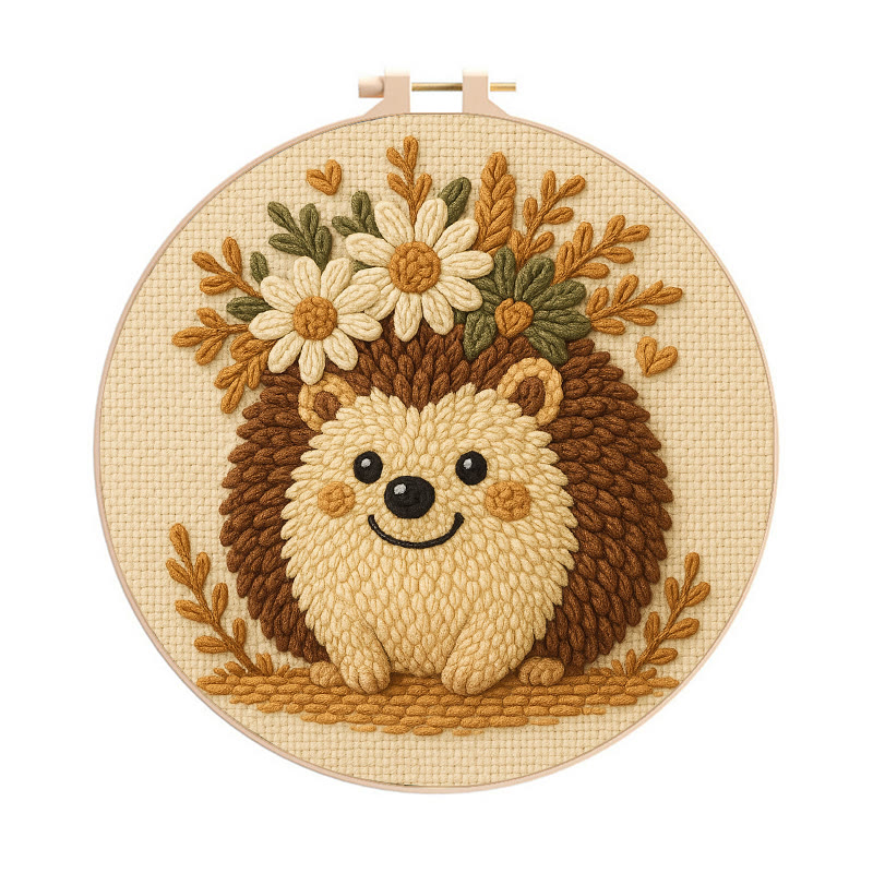 Daisy Hedgehog Punch Needle Kit - Diy Floral Craft | Lovely Animal Needlework  - 8 inch Hoop Kit - image 1