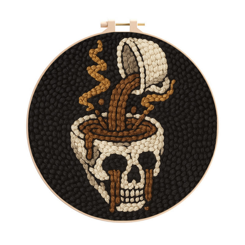 Coffee Skull Punch Needle Kit - Spooky Halloween Craft | Perfect For Holiday Decor - 8 inch Hoop Kit - image 1