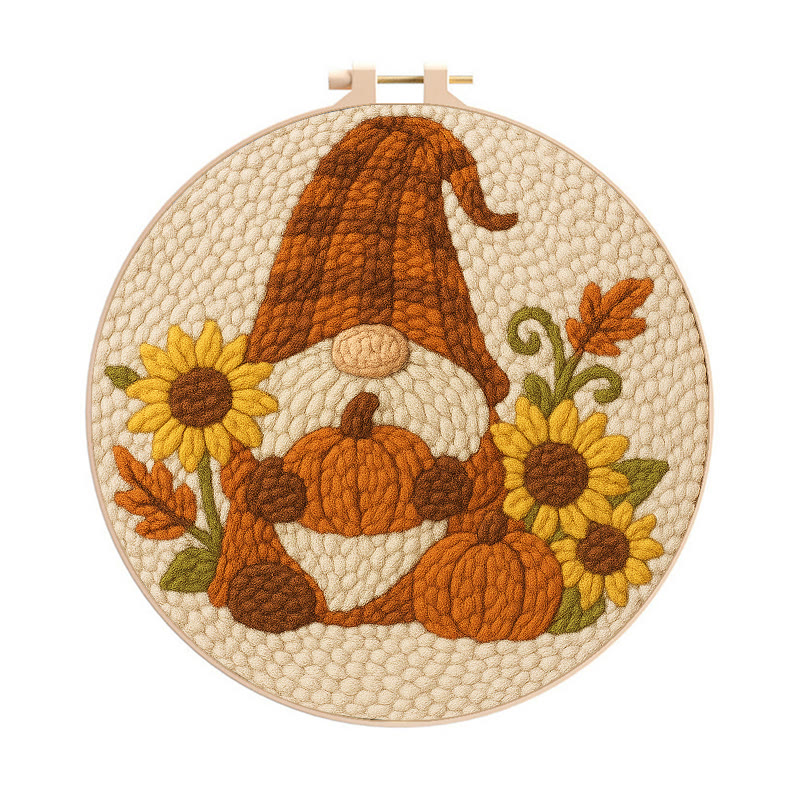 Sunflower Gnome Punch Needle Kit - Halloween Pumpkin Craft | Holiday Handmade Decor - 8 inch Hoop Kit - image 1