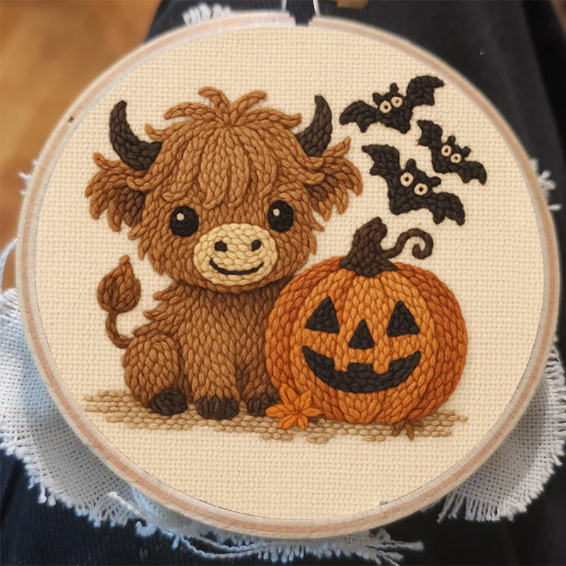 Cow Wtih Pumpkin Punch Needle Kit - Halloween Animal Decor | Diy Hoop Artwork - image 2