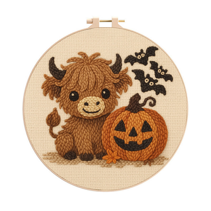 Cow Wtih Pumpkin Punch Needle Kit - Halloween Animal Decor | Diy Hoop Artwork - 8 inch Hoop Kit - image 1