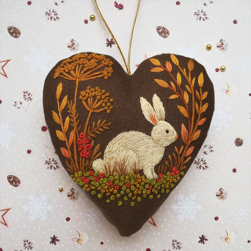 Rubbyoo Heart Embroidery Kit - Autumn Rabbit | Handmade Animal Needlework | Halloween Wall Decoration - 6 inches hoop kit - image 1