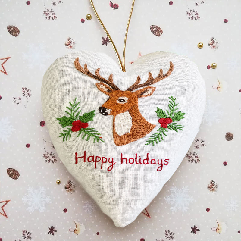 Rubbyoo Heart Embroidery Kit - Happy Holidays | Christmas Tree Ornament | Christmas Novice Needlepoint - 6 inches hoop kit - image 1
