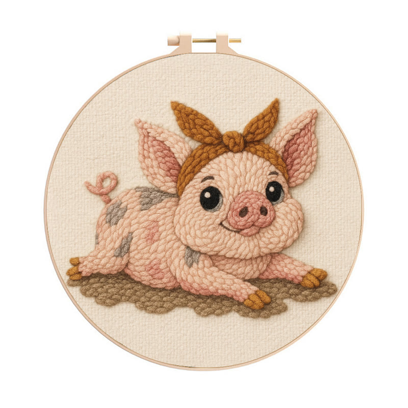 Lying Pig Punch Needle Kit - Cute Animal Craft | Unique Wall Hangings - 8 inch Hoop Kit - image 1