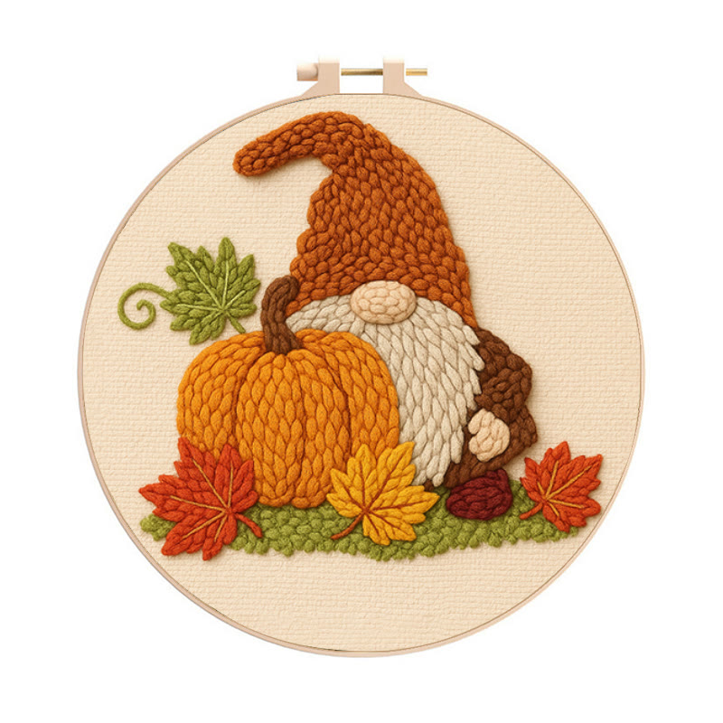 Gnome With Pumpkin Punch Needle Kit - Diy Needlework Gift | Halloween Wall Art - 8 inch Hoop Kit - image 1