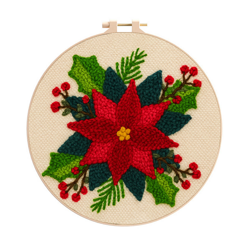 Christmas Poinsettia Punch Needle Kit - Winter Handmade Craft | Christmas Home Decoration  - 8 inch Hoop Kit - image 1