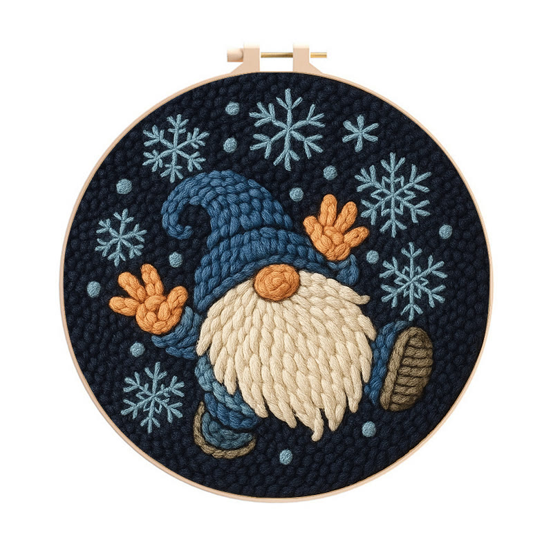 Snowflake Gnome Punch Needle Kit - Creative Winter Handicraft | Christmas Decorative Coaster - 8 inch Hoop Kit - image 1