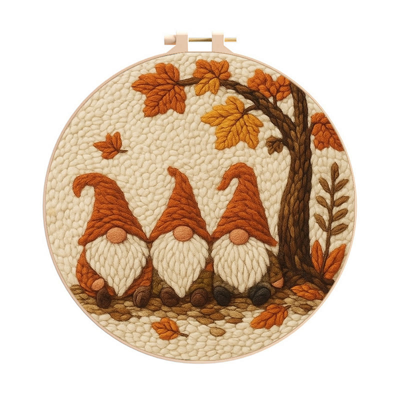   Gnomes Under The Tree Punch Needle Kit - Autumn Handmade Artwork | Diy Halloween Craft  - 8 inch Hoop Kit - image 1