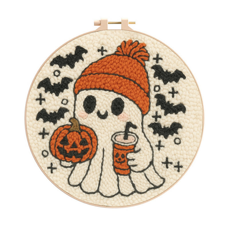 Drinking Ghost Punch Needle Kit - Adorable Halloween Needlework | Handmade Coaster Craft  - 8 inch Hoop Kit - image 1