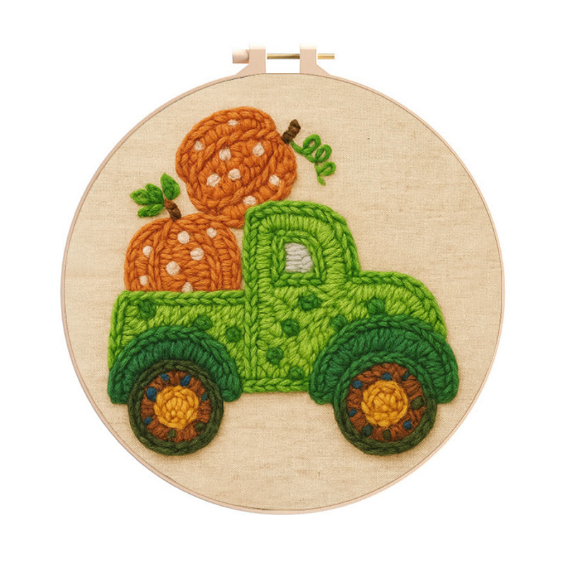 Pumpkins Truck Punch Needle Kit - Thanksgiving Handmade Craft | Diy Halloween Decor - 8 inch Hoop Kit - image 1