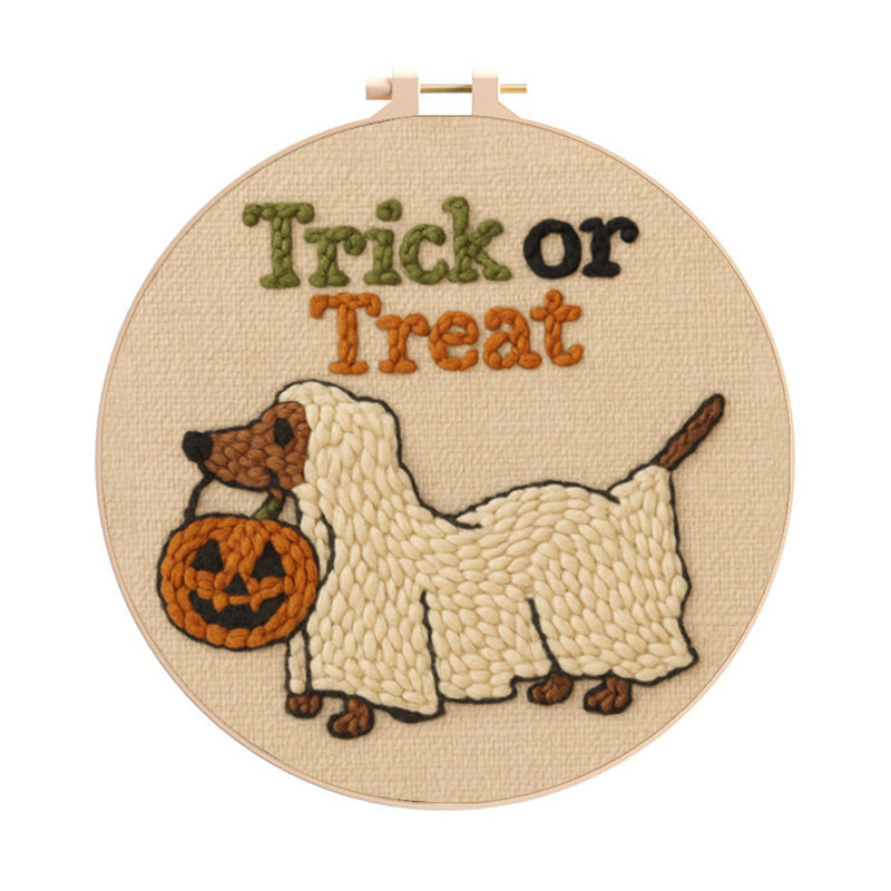 Trick Dog Punch Needle Kit - Creative Ghost Craft | Spooky Halloween Decoration - 8 inch Hoop Kit - image 1