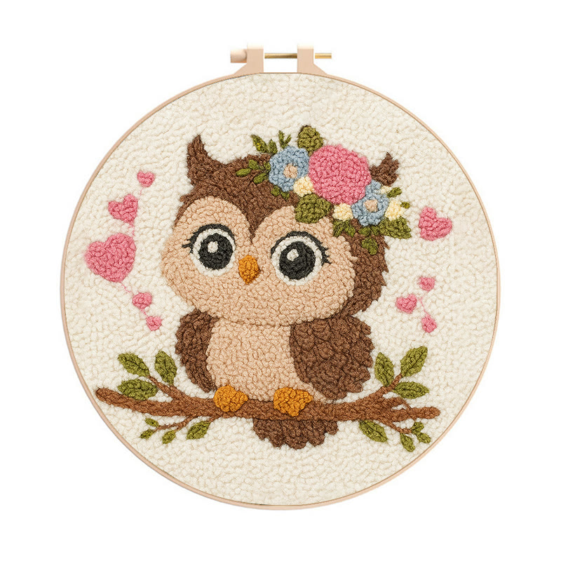 Floral Owl Punch Needle Kit - Adorable Animal Art  | Nice Handmade Gift For Her - 8 inch Hoop Kit - image 1