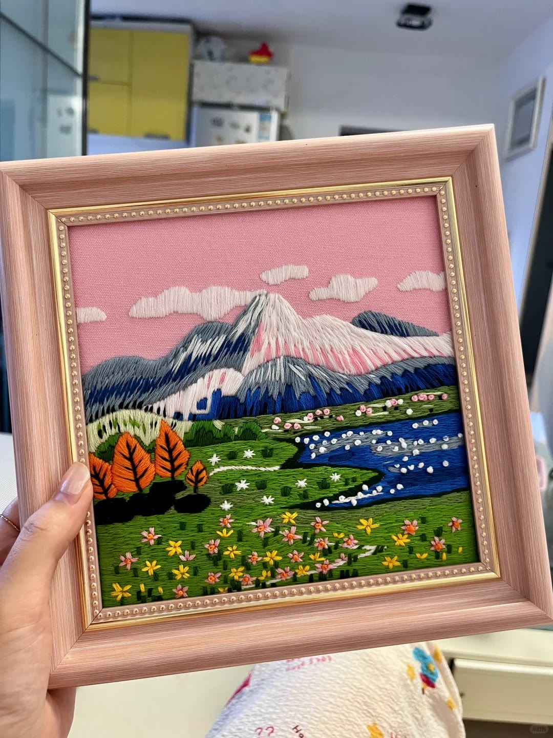 Rubbyoo Embroidery Kit - Scenery Series Needlecraft | Diy Home Decor | Unique Housewarming Gift - Pink Mountain - image 1