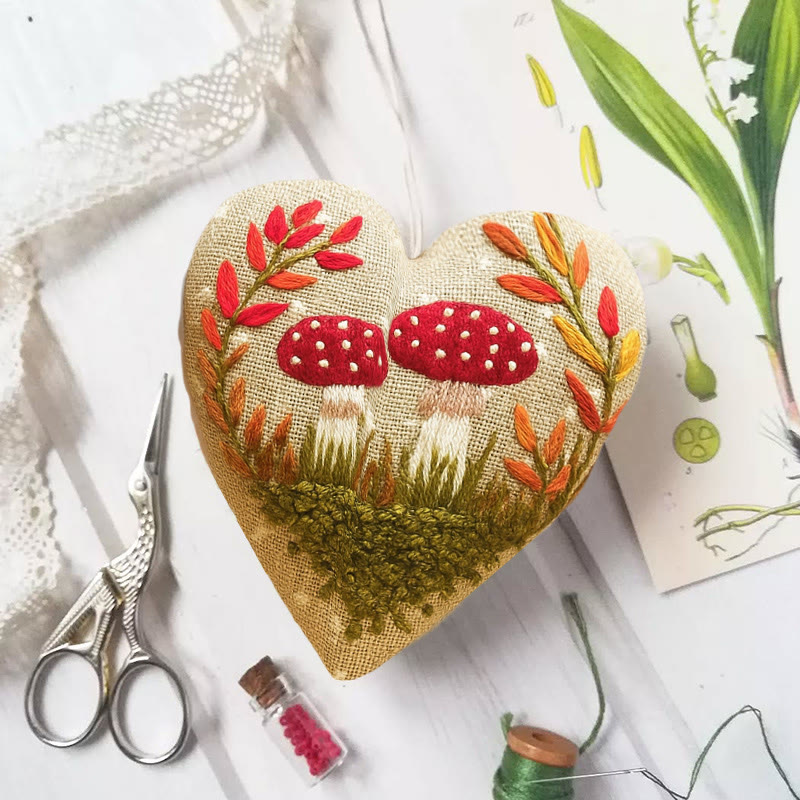 Rubbyoo Heart Embroidery Kit - Cute Mushrooms | Easy Botanical Craft | Diy Hanging Gift - 6 inches hoop kit - image 1