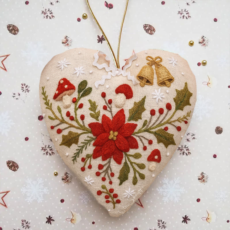 Rubbyoo Heart Embroidery Kit - Christmas Poinsettia | Diy Christmas Ornaments | Nice Home Hanging - 6 inches hoop kit - image 1