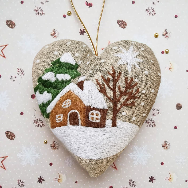Rubbyoo Heart Embroidery Kit - Snowy House | Christmas Tree Ornament | Diy Handmade Craft - 6 inches hoop kit - image 1