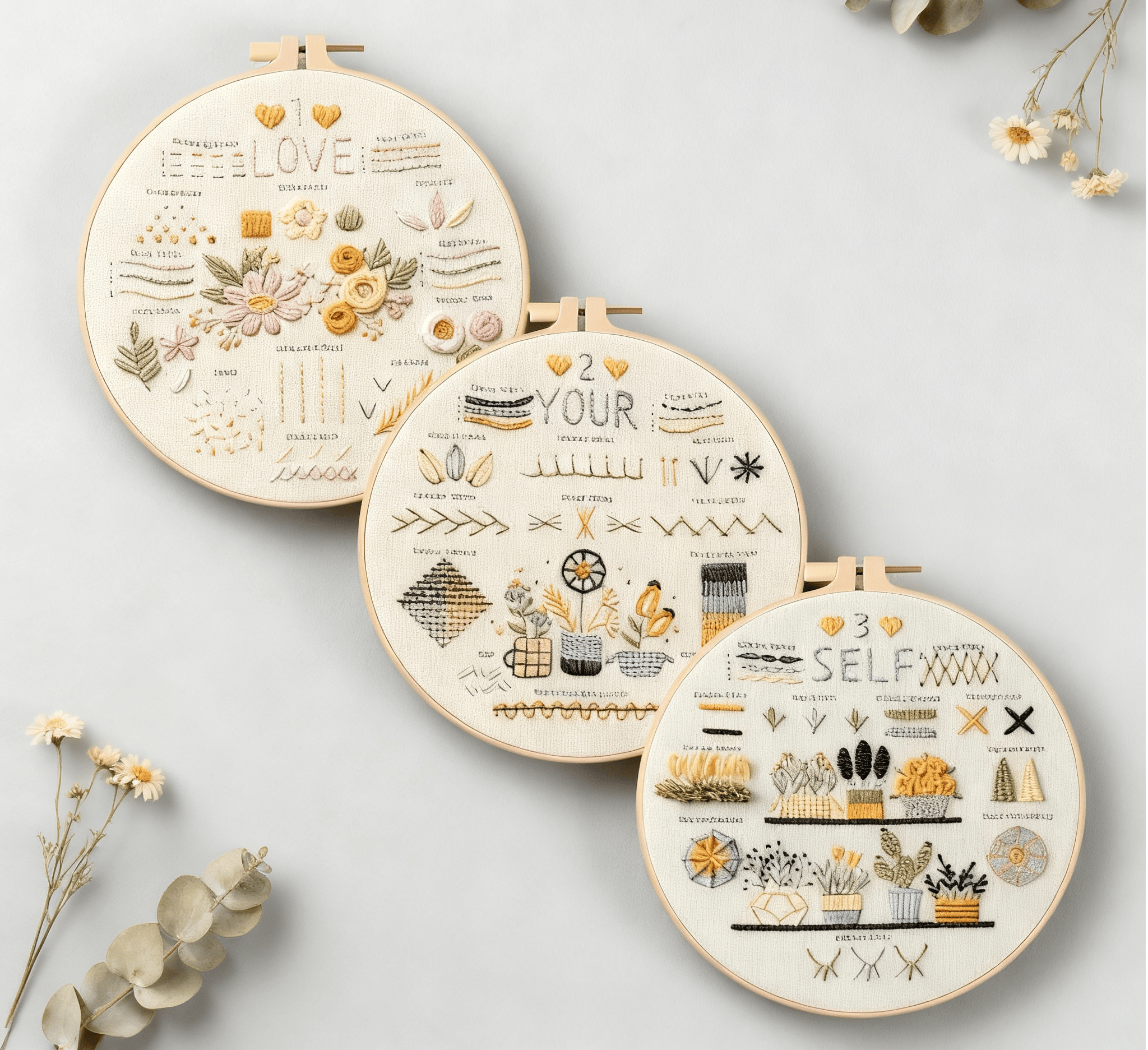 Rubbyoo 3-piece Embroidery Starter Kit - Love Your Self Needlepoint | Floral And Botanical Set | 3 Level Stitch Practice - image 1