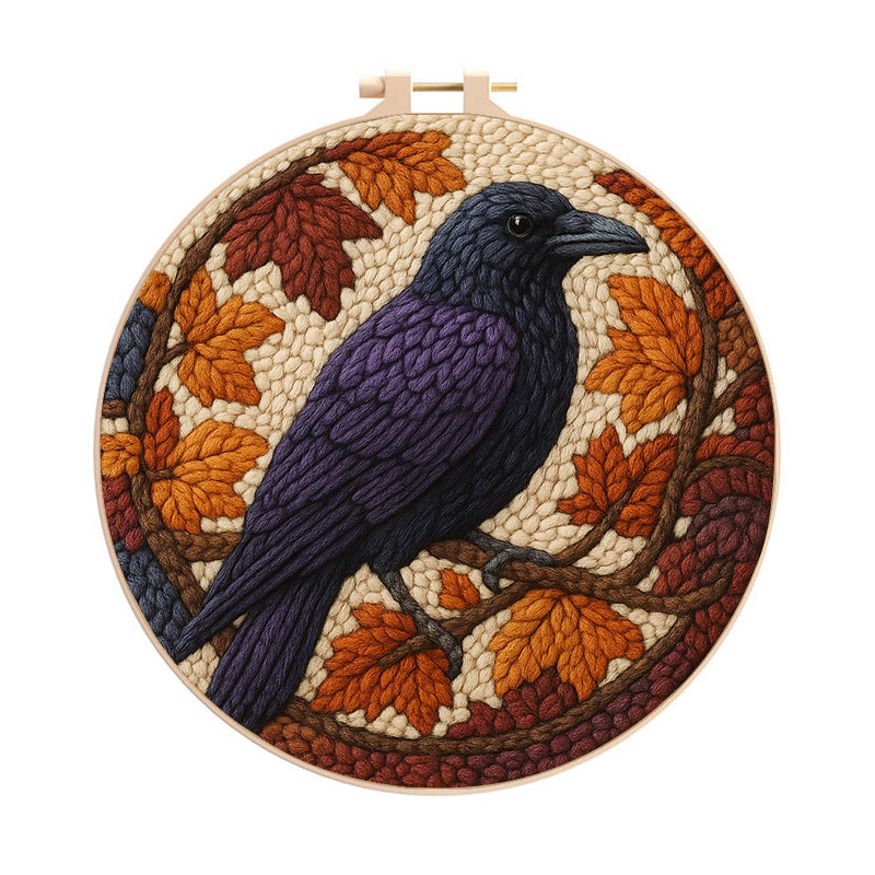 Autumn Raven Punch Needle Kit - Diy Holiday Ornament | Handmade Craft For Bird Lover  - 8 inch Hoop Kit - image 1