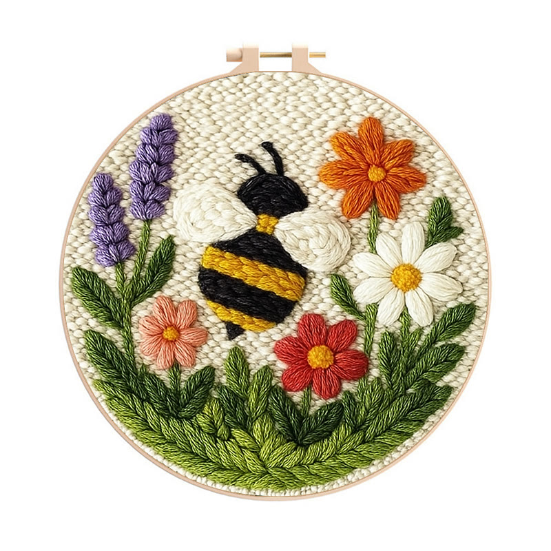Bee With Flower Punch Needle Kit - Beautiful Decorative Art | Unique Handmade Coaster - 8 inch Hoop Kit - image 1