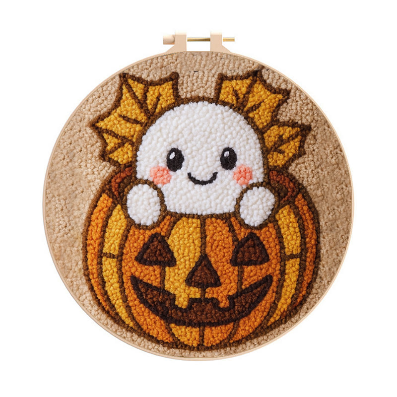Pumpkin Ghost Punch Needle Kit - Adorable Halloween Craft | Diy Decorative Art - 8 inch Hoop Kit - image 1