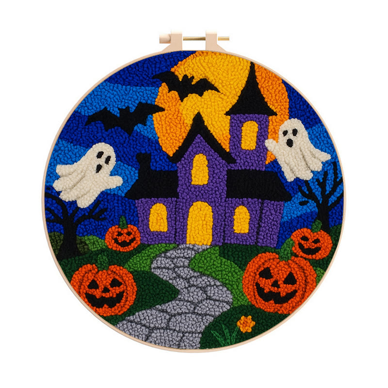 Halloween Night Punch Needle Kit - Spooky Castle Craft | Diy Needle Artwork - 8 inch Hoop Kit - image 1