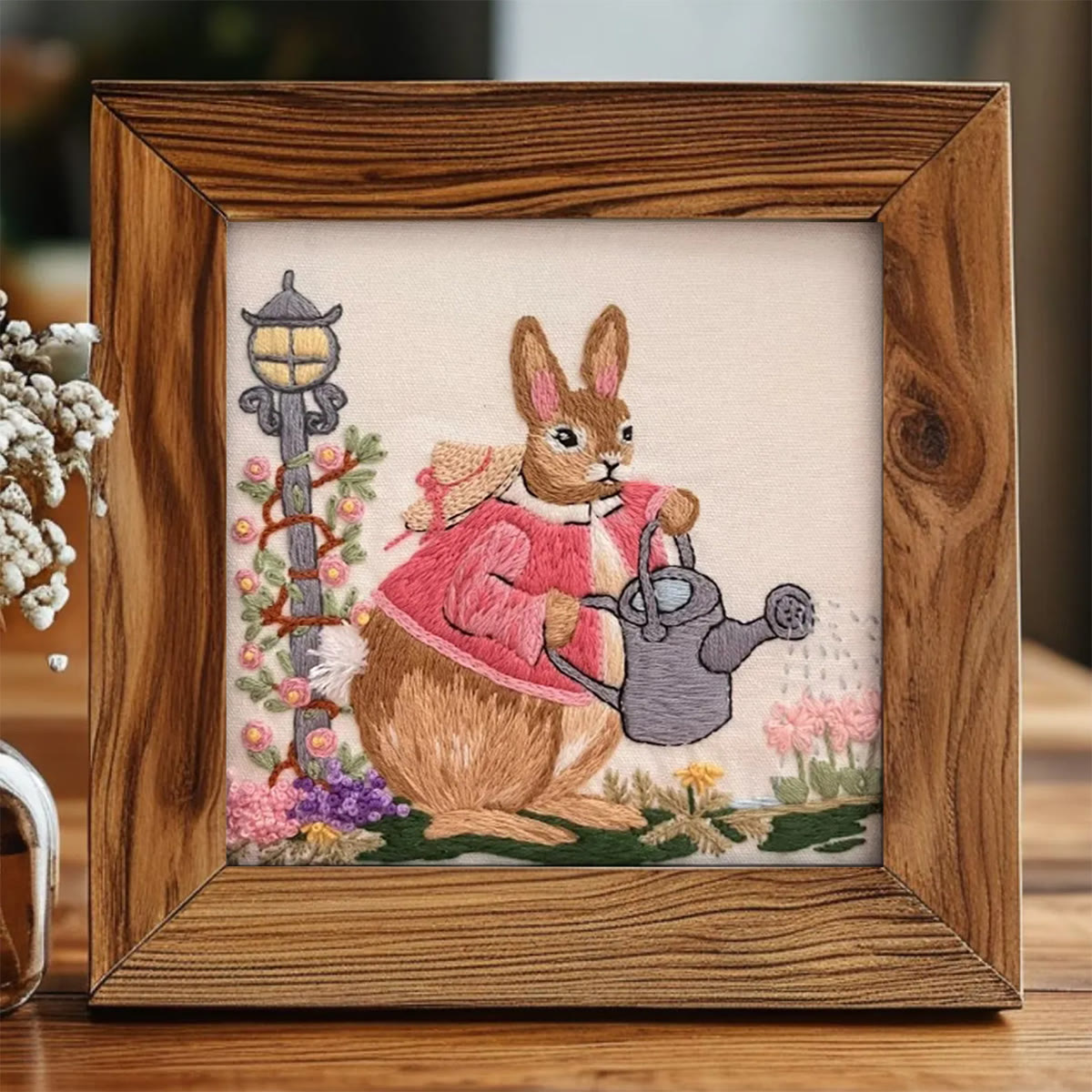 Rubbyoo Embroidery Kit - Watering Bunny | Adorable Animal Craft | Perfect Wall Ornament - 20*20cm Embroidery Kit ( Without frame） - image 1