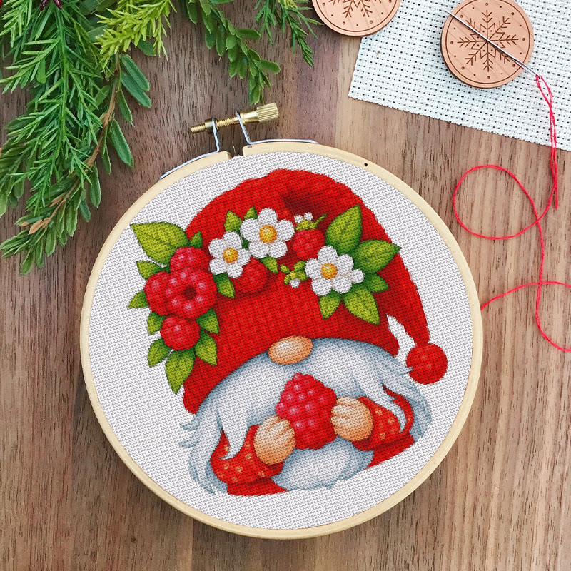  Cross Stitch Kit - Cherry Gnome | Christmas Wall Decor | Diy Floral Needle Art - image 4