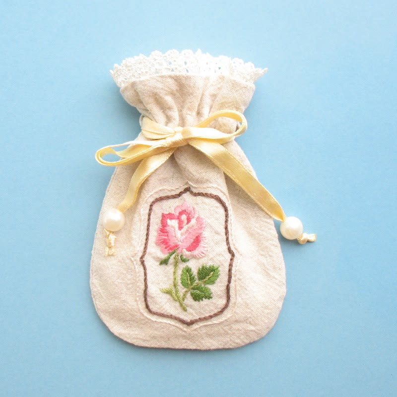 Embroidery Mini Drawstring Pouch Kit | Unique Floral Craft | Perfect Birthday Gift For Her - Rose - Beige bag - image 5
