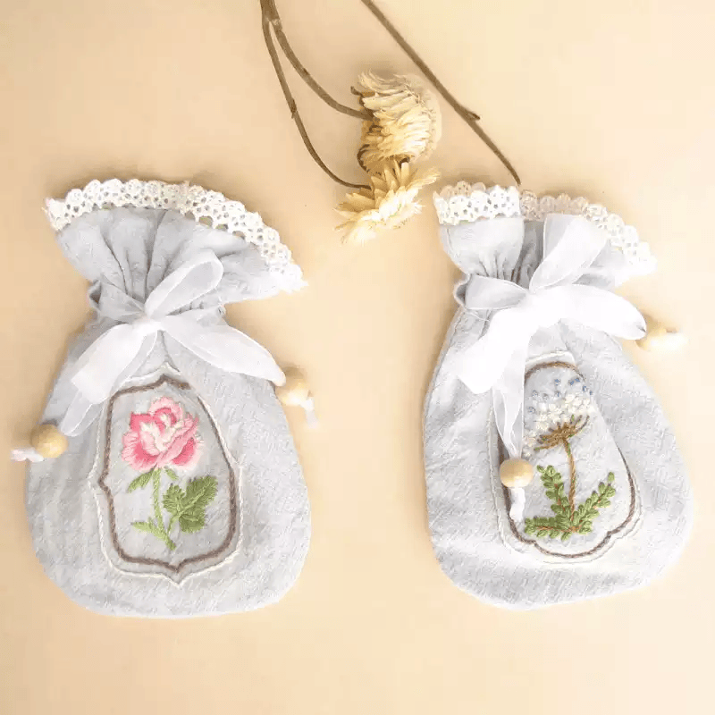 Embroidery Mini Drawstring Pouch Kit | Unique Floral Craft | Perfect Birthday Gift For Her - image 1