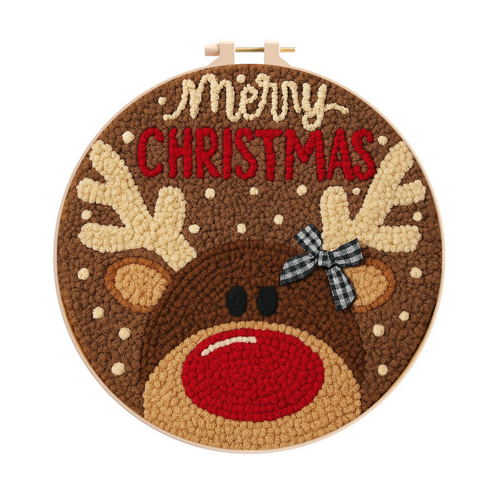  Christmas Reindeer Punch Needle Kit - Diy Christmas Coaster | Unique Housewarming Handicraft - 8 inch Hoop Kit - image 1
