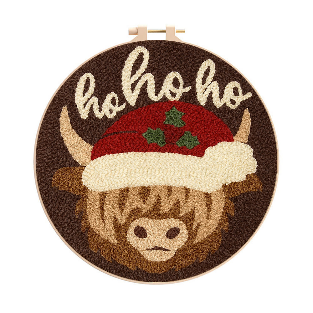 Christmas Highland Cow Punch Needle Kit - Diy Door Decor | Easy Handicraft For Adults - 8 inch Hoop Kit - image 1
