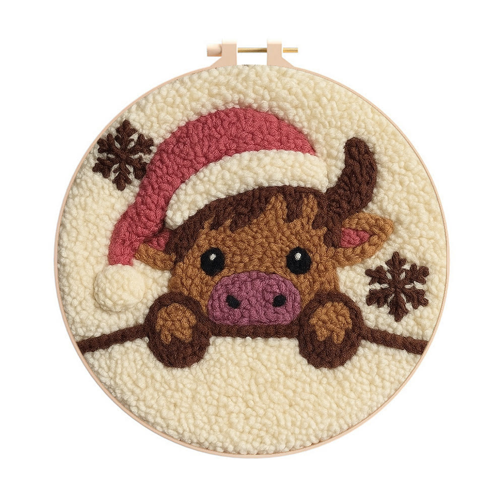 Adorable Cow Punch Needle Kit - Lovely Animal Craft | Christmas Decorative Artwork - 8 inch Hoop Kit - image 1