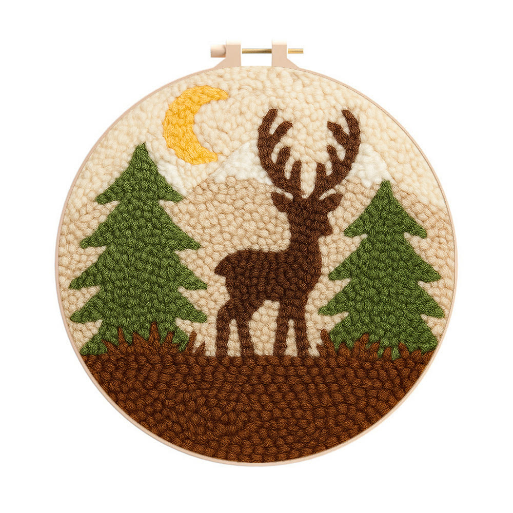 Deer In Forest Punch Needle Kit - Landscape Handmade Collection | Perfect Room Decoration - 8 inch Hoop Kit - image 1