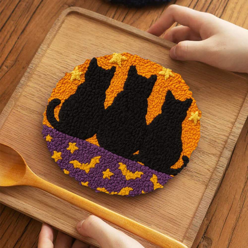 Black Cat Family Punch Needle Kit - Halloween Handmade Craft | Nice Artwork For Home Hanging - 5 inch Coaster Kit - image 11