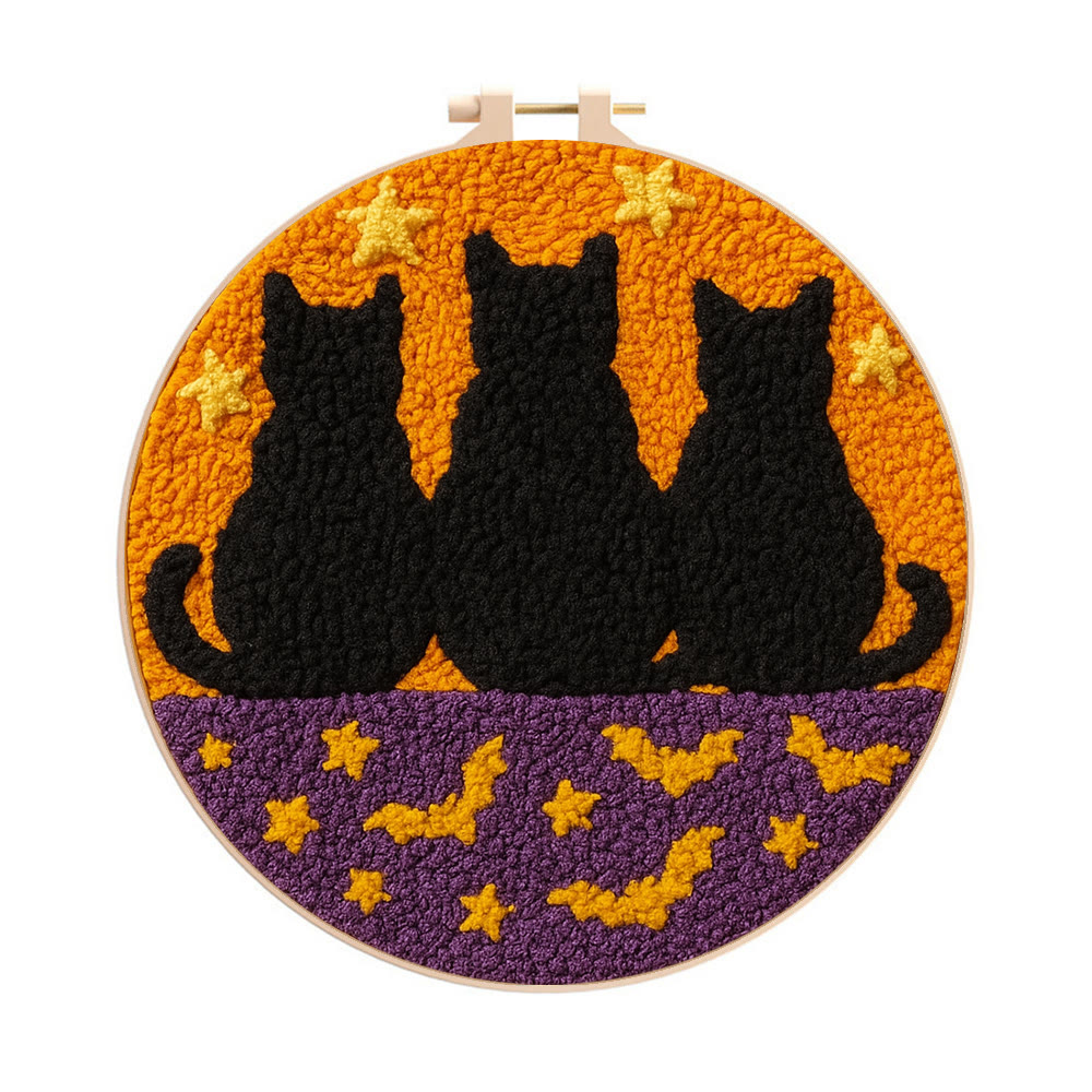 Black Cat Family Punch Needle Kit - Halloween Handmade Craft | Nice Artwork For Home Hanging - 8 inch Hoop Kit - image 1