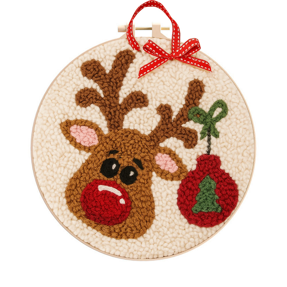 Lovely Reindeer Punch Needle Kit - Christmas Hoop Art | Diy Handmade Collection - 8 inch Hoop Kit - image 1