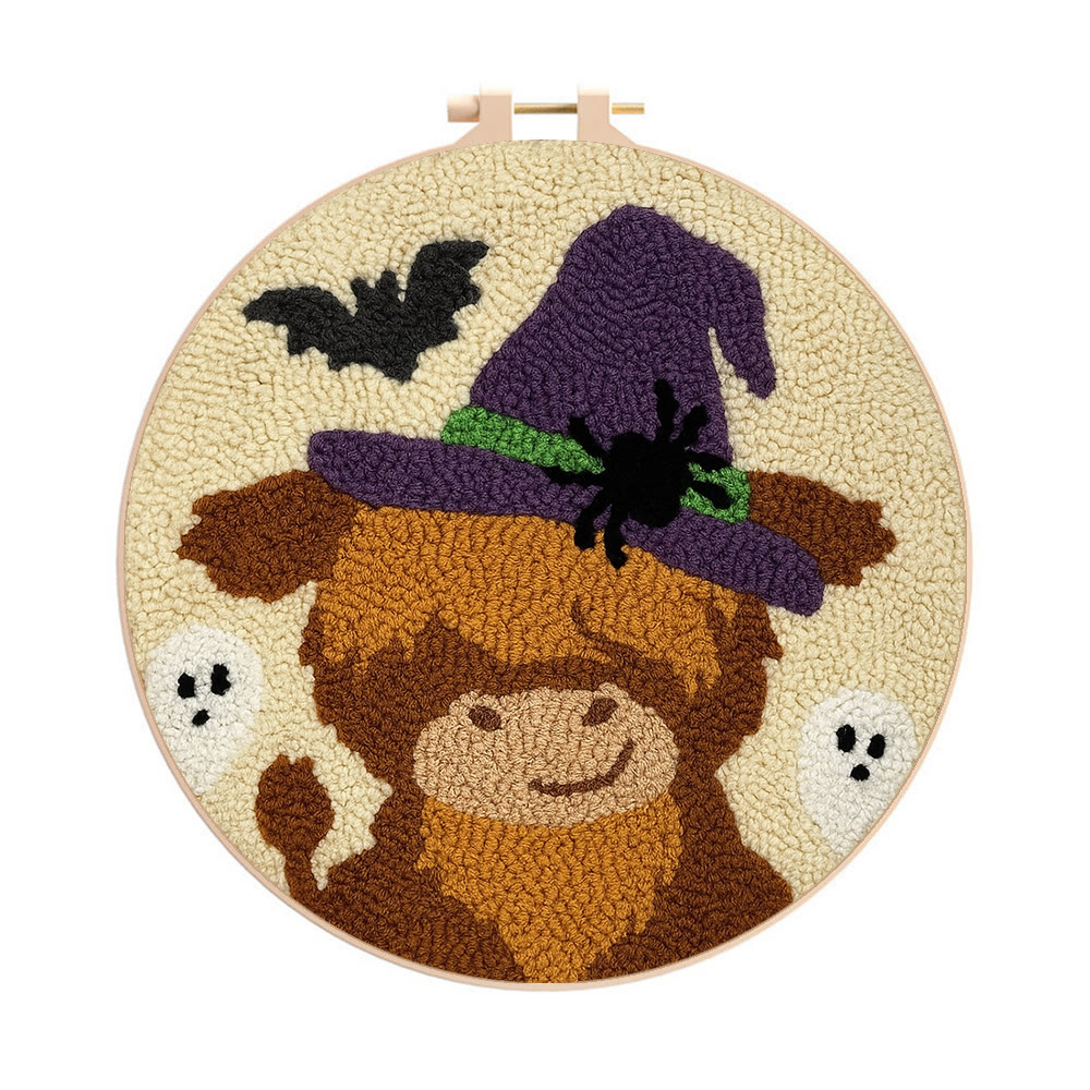 Wizard Cow Punch Needle Kit - Spooky Handmade Decoration | Personalized Animal Craft - 8 inch Hoop Kit - image 1