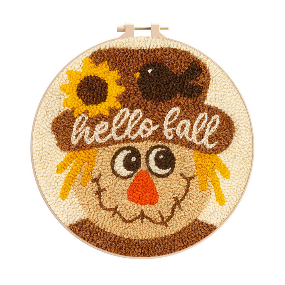 Fall Scarecrow Punch Needle Kit - Autumn Home Ornament | Diy Hanging Art - 8 inch Hoop Kit - image 1