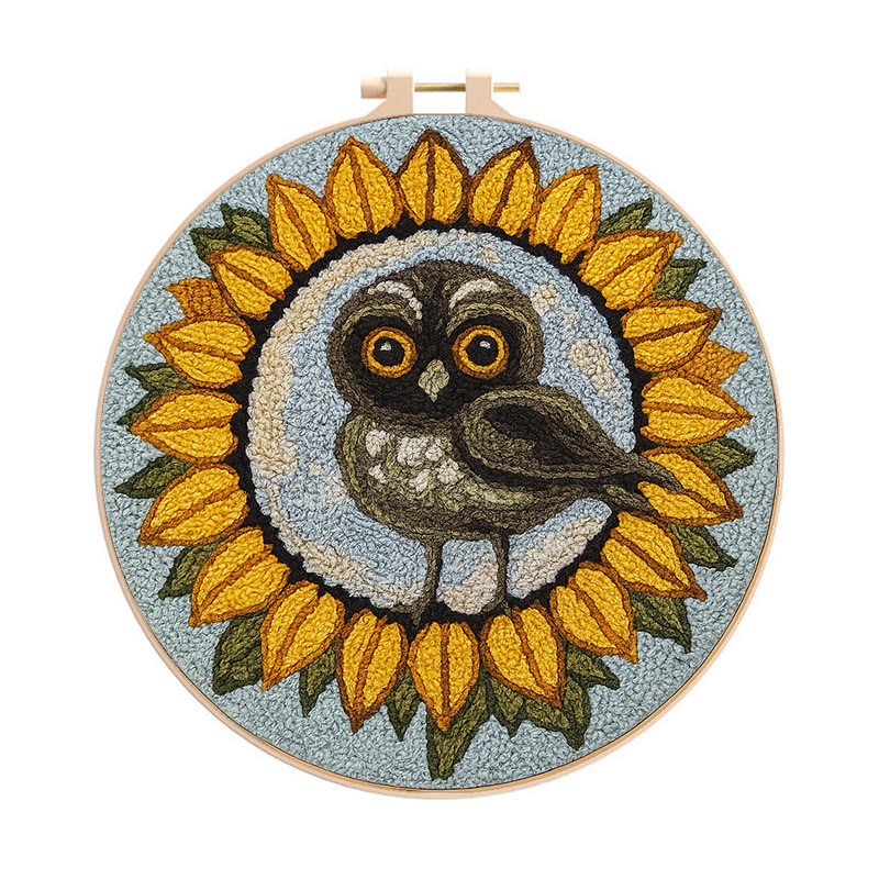 Sunflower Owl Punch Needle Kit - Floral Handmade Art | Creative Home Decor - 8 inch Hoop Kit - image 1
