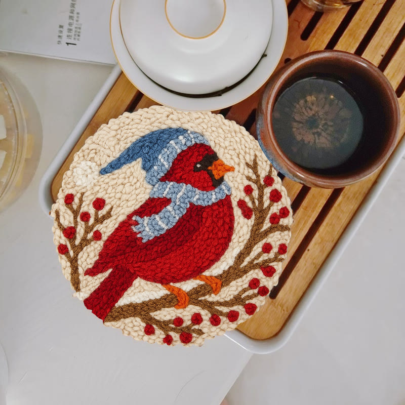 Winter Cardinal Bird Punch Needle Kit - Christmas Gift For Craft Lover | Holiday Home Decor  - 5 inch Coaster Kit - image 11