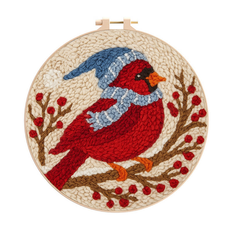 Winter Cardinal Bird Punch Needle Kit - Christmas Gift For Craft Lover | Holiday Home Decor  - 8 inch Hoop Kit - image 1